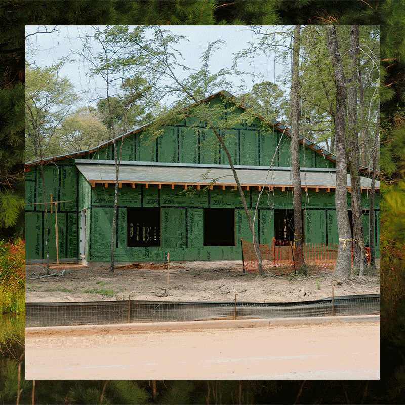 Animated gif showing Two Step Farm amenity buildings under construction and conceptual renderings