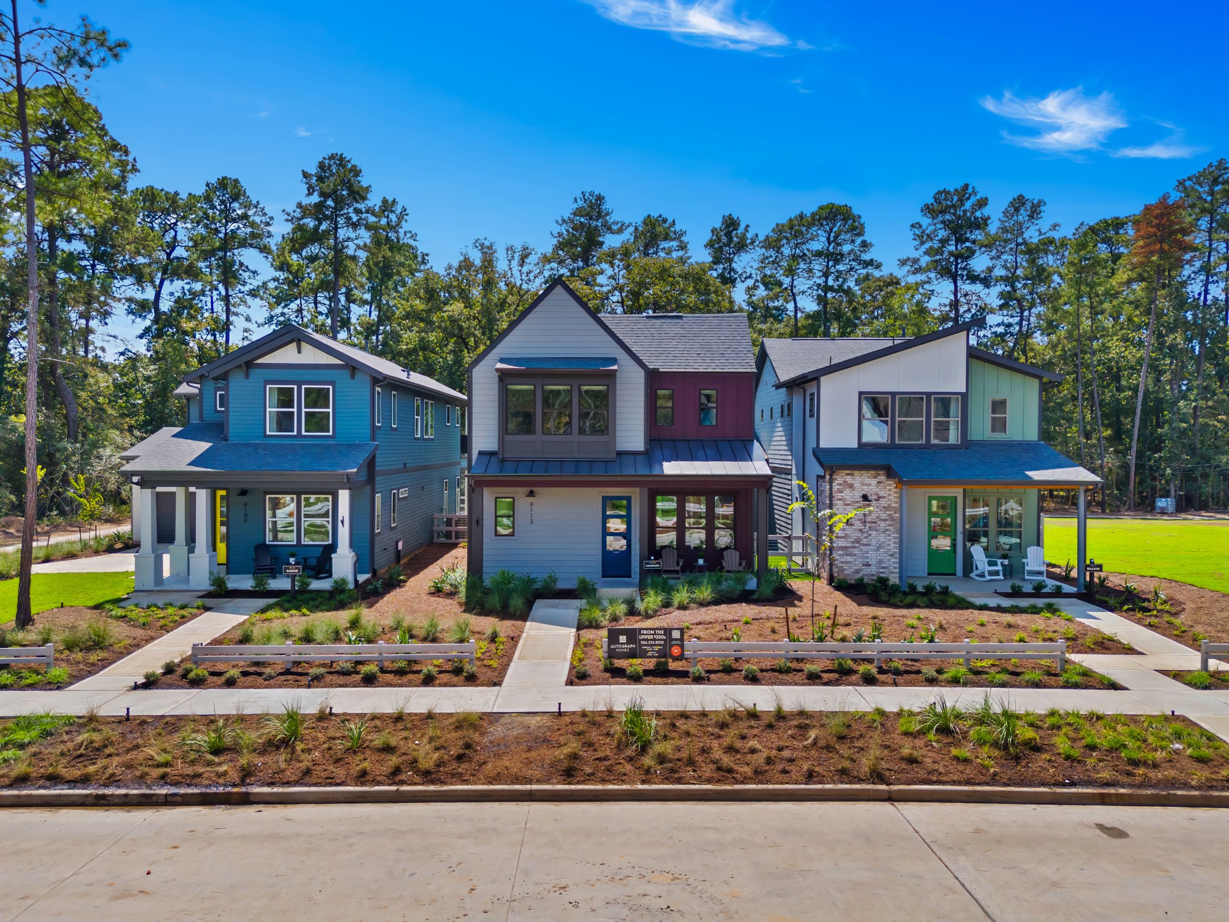 Three modern two-story houses with landscaped front yards and wide sidewalks, set against a backdrop of tall trees and clear blue sky.