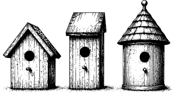 Three wooden birdhouses of different shapes—one triangular, one rectangular, and one round with a conical roof—are shown side by side in a black-and-white illustration.