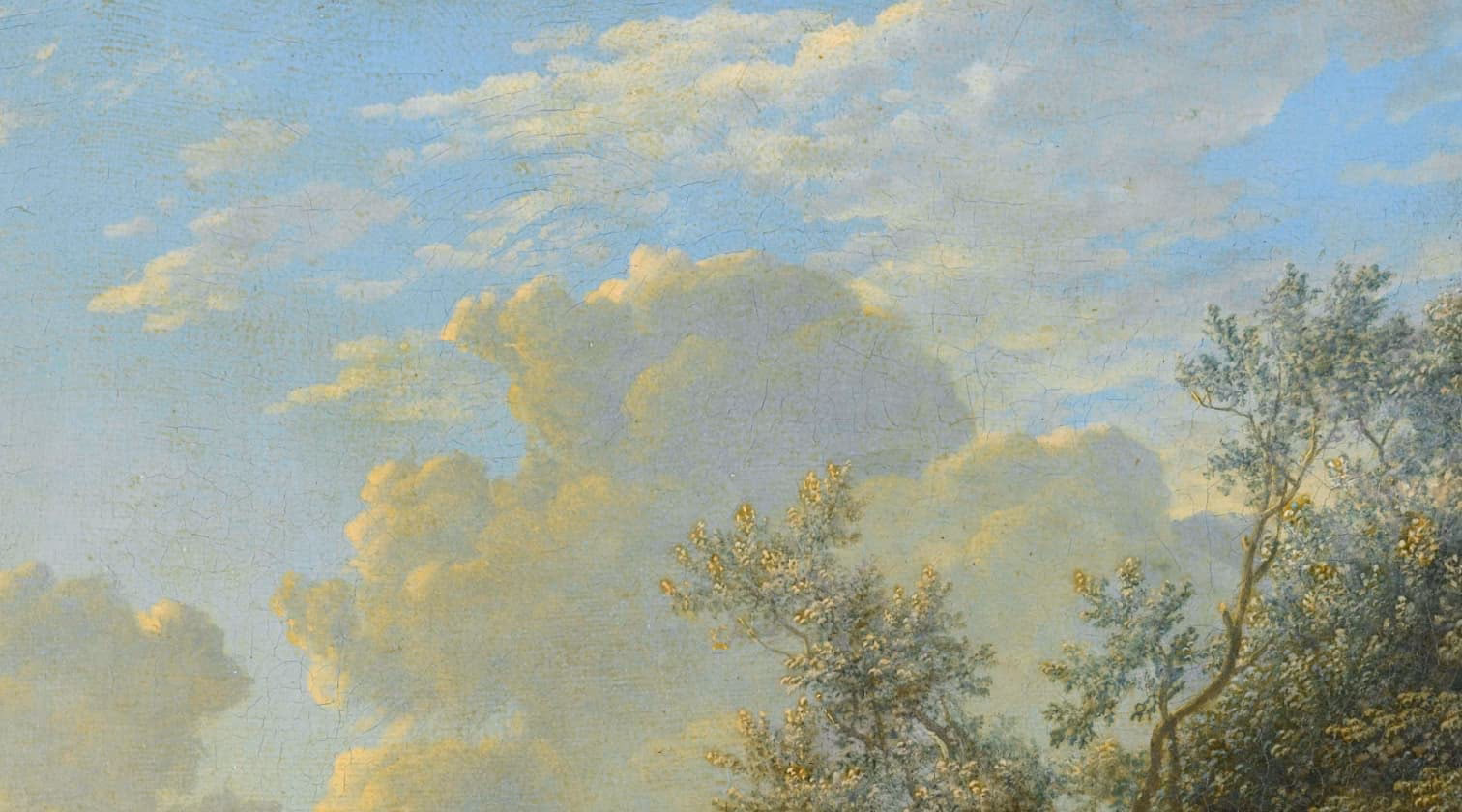 A partly cloudy sky with large, light-filled clouds drifts above the leafy trees and the inviting new homes at Two Step Farm, TX, extending into the scenic frame.