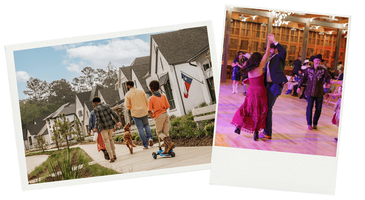 Two photos: one shows a family with children and a dog walking in a residential neighborhood, the other shows people dancing in a warmly lit indoor venue.